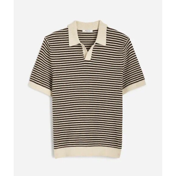Madewell Sweater Polo Mens Small Brown Pointelle Stitch Single-Button Stripe New - Picture 1 of 14